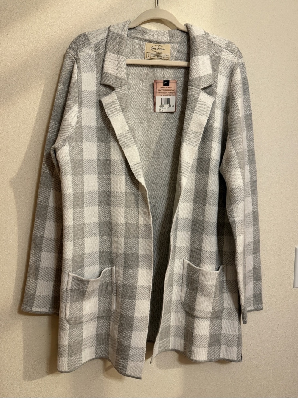 Old Ranch Brands NWT Buffalo Plaid Sweater Jacket Size L Gray White Cabincore